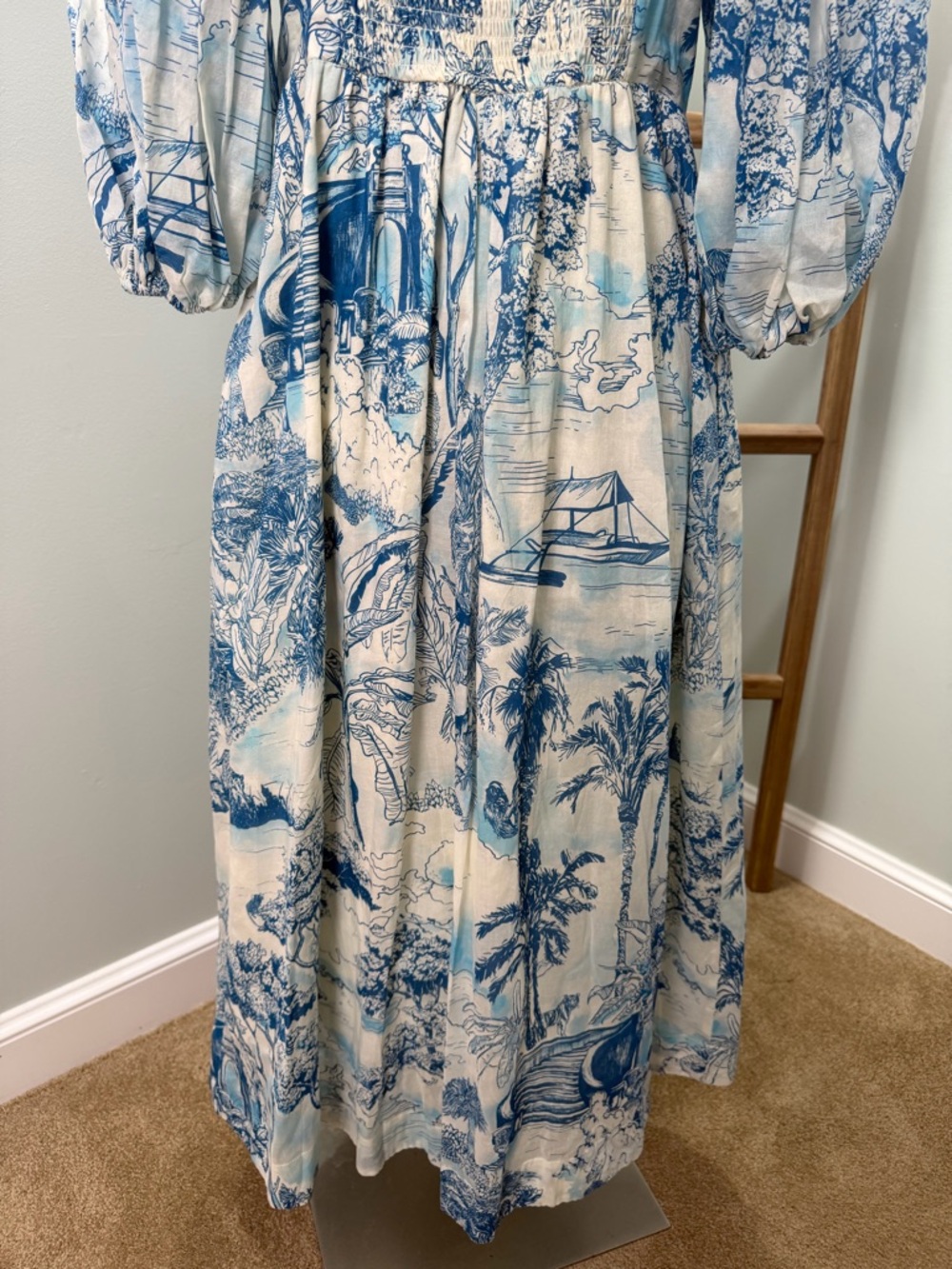 Mestiza Blue White Palm Toile New York Delphine Puff Sleeve Dress Size Large - Picture 3 of 11
